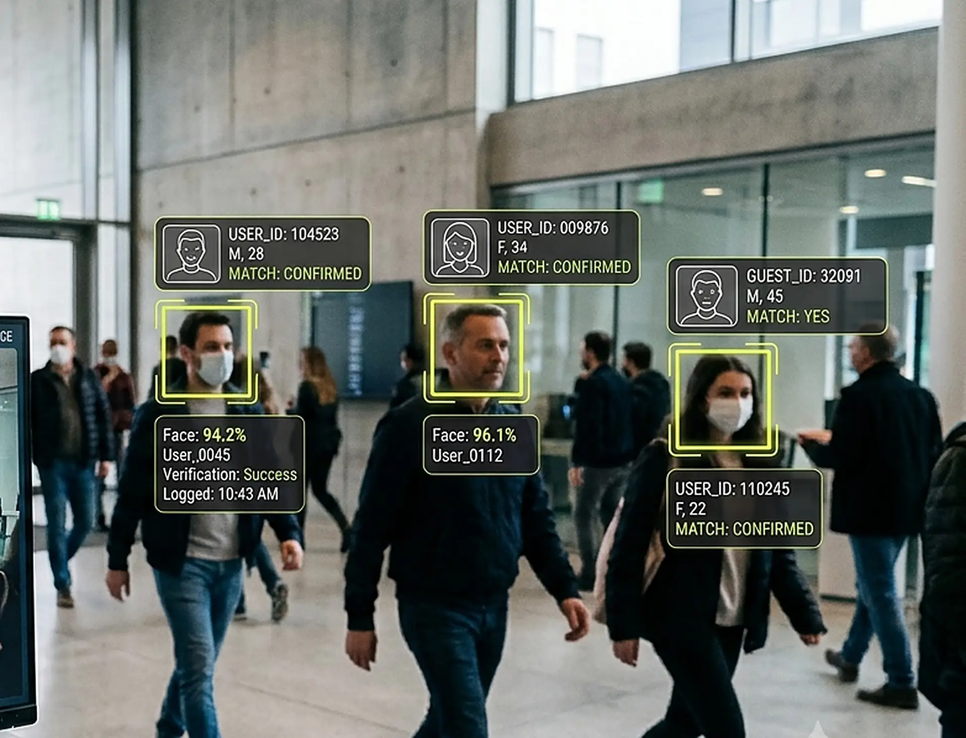 Sistema de reconocimiento facial identificando a varias personas en un vestíbulo, con recuadros de detección sobre sus rostros